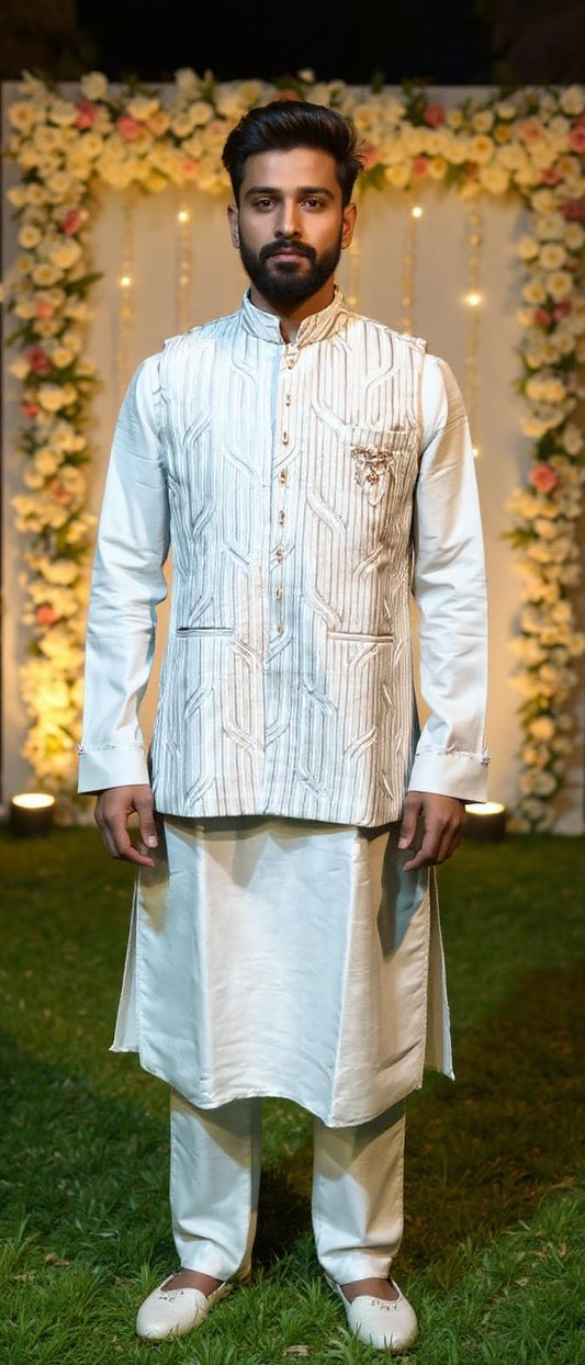 Regal Ivory Kurta Set with Embroidered Nehru Jacket | 3-Piece Men's Wedding Attire