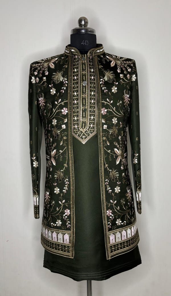 Title: Men's Forest Green Embroidered Sherwani with Floral & Bird Motifs