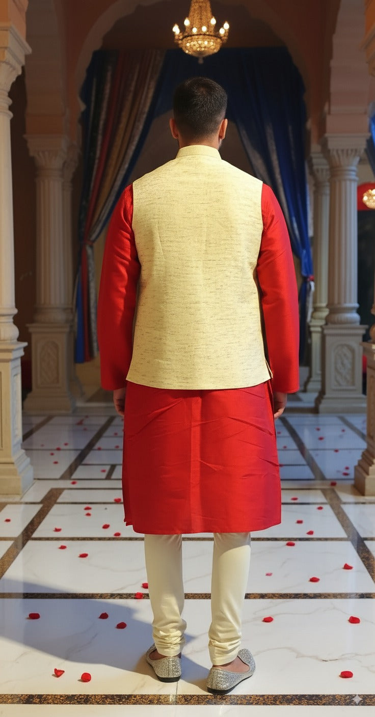 Men's Red & Yellow Contrasting Textured Waistcoat kurta set