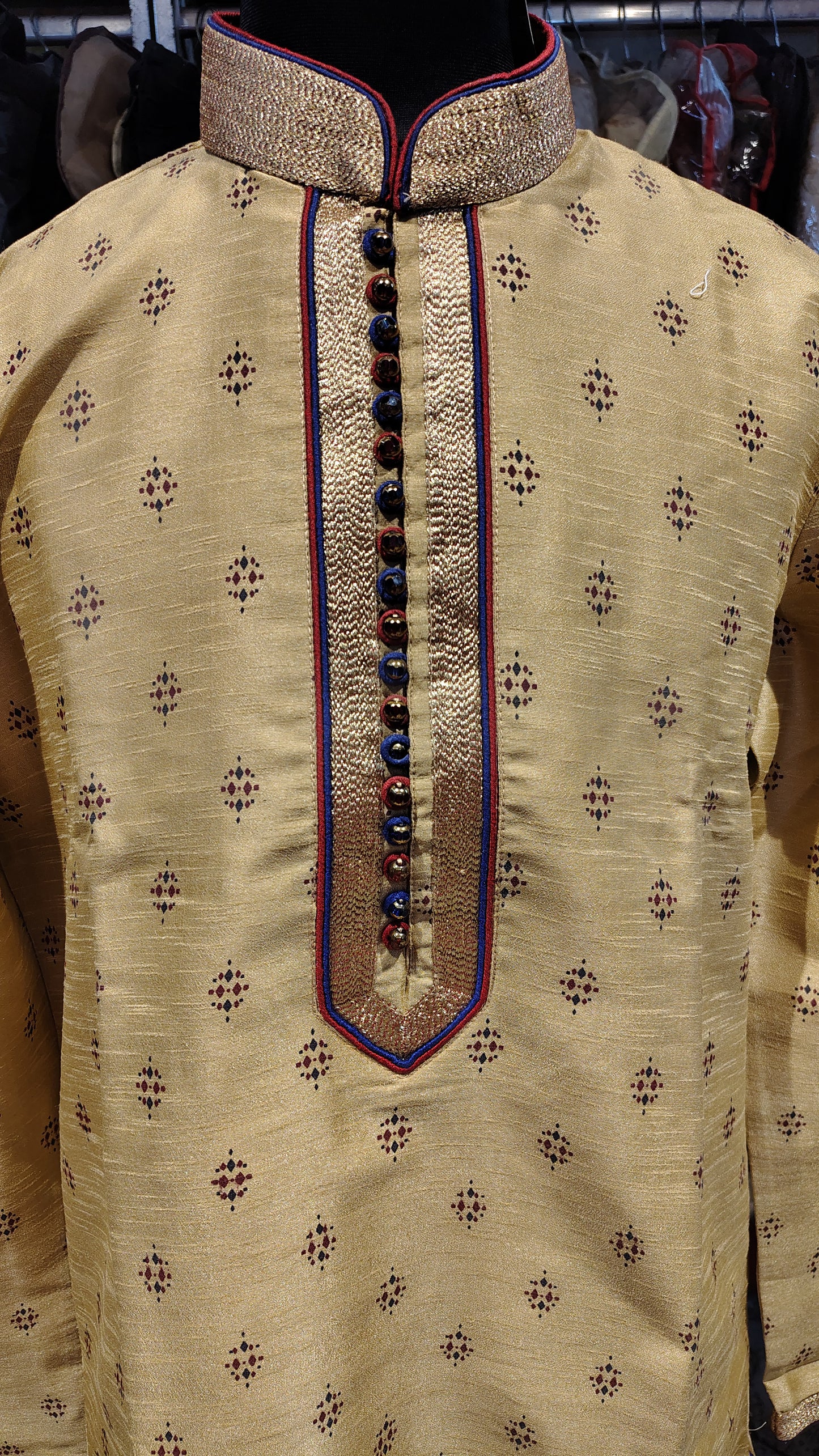 Men's Mustard  Silk Kurta with Embroidered Collar pantel design
