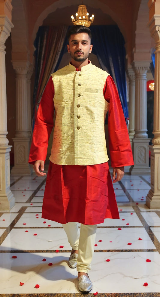 Men's Red & Yellow Contrasting Textured Waistcoat kurta set