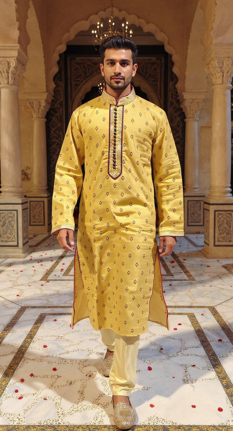 Men's Mustard  Silk Kurta with Embroidered Collar pantel design