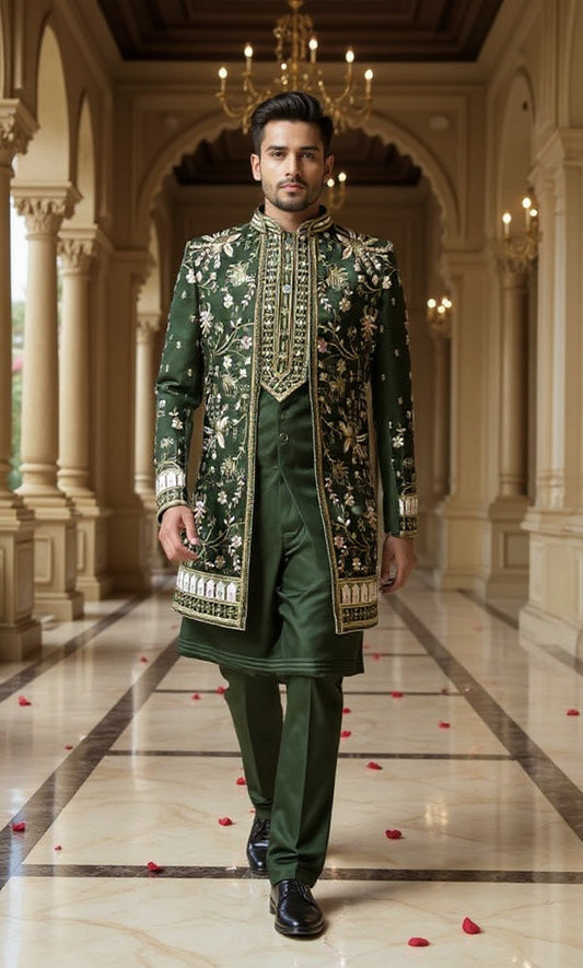 Title: Men's Forest Green Embroidered Sherwani with Floral & Bird Motifs