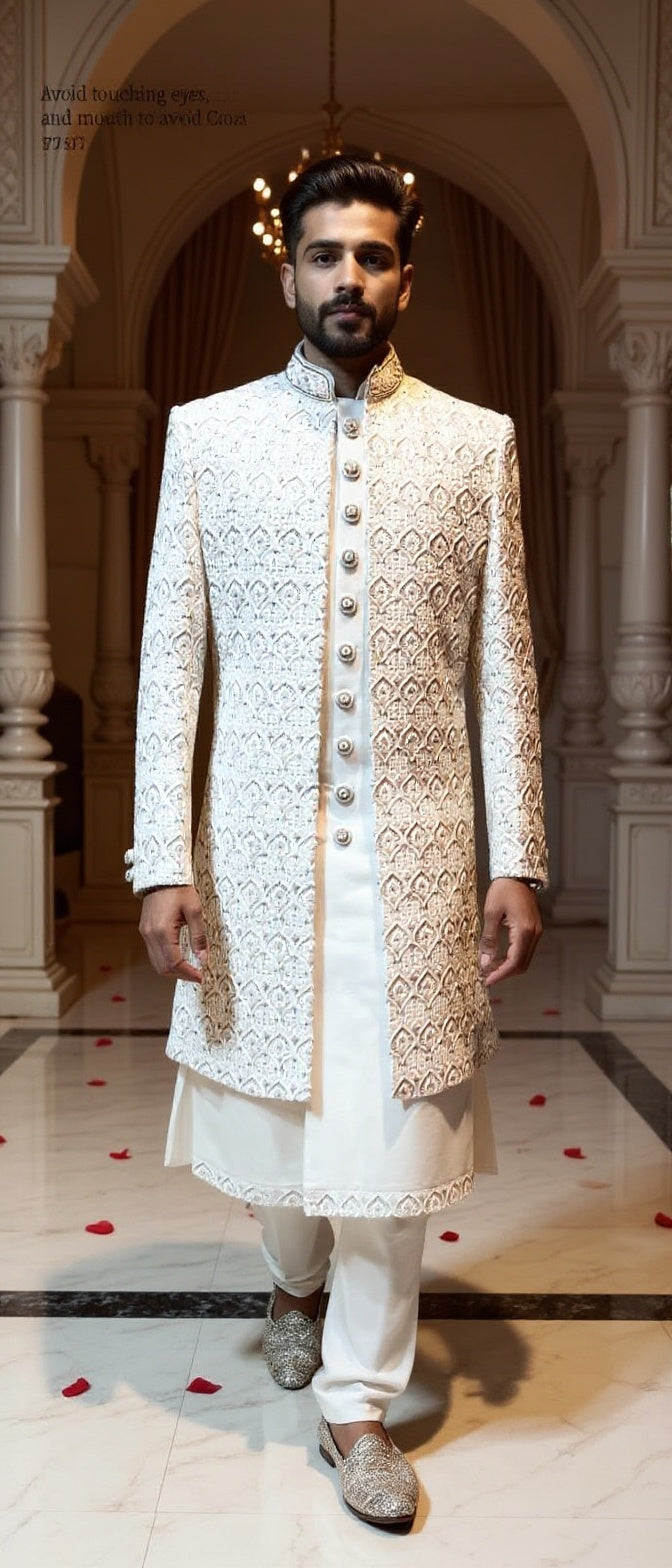 Men's Three-Piece Ivory Sherwani with Asymmetrical Crystal & Pearl Handwork