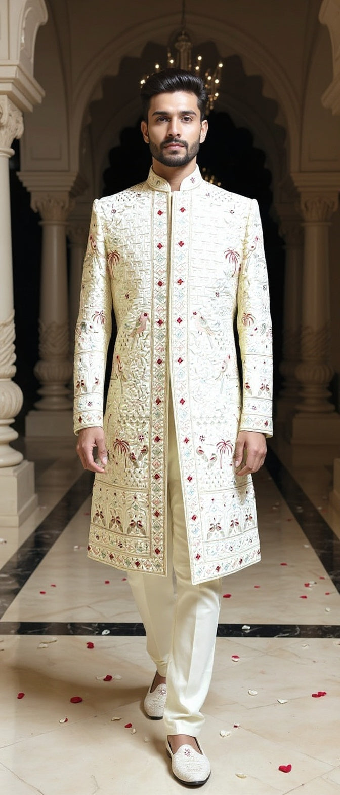 Men's Ivory Sherwani with Multi-Color Artistic Embroidery