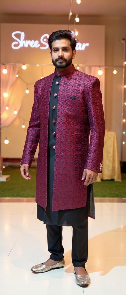 Three-Piece Burgundy Brocade Indo-Western Shrug Set