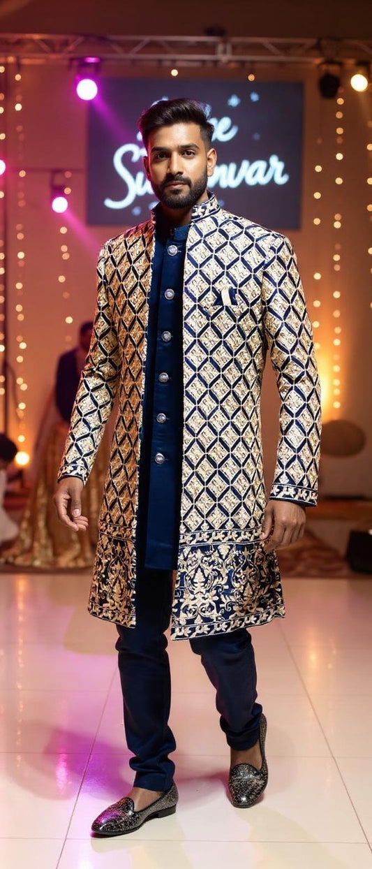 Men's Three-Piece Navy Blue Embroidered  Shrug Indo-Western Set