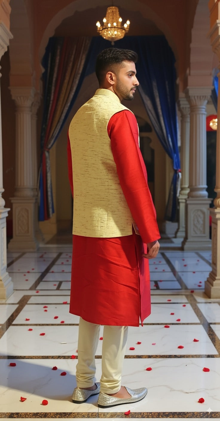 Men's Red & Yellow Contrasting Textured Waistcoat kurta set