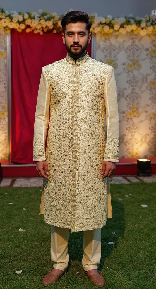 Men's silk Cream & Gold Heavy Embroidered Sherwani