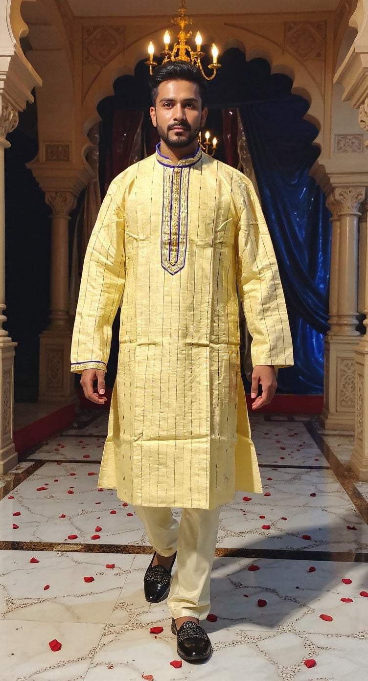 Men's Light gold Kurta Set with Colorful Embroidery