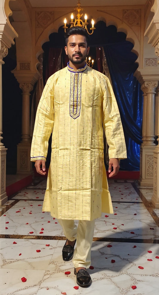 Men's Light gold Kurta Set with Colorful Embroidery