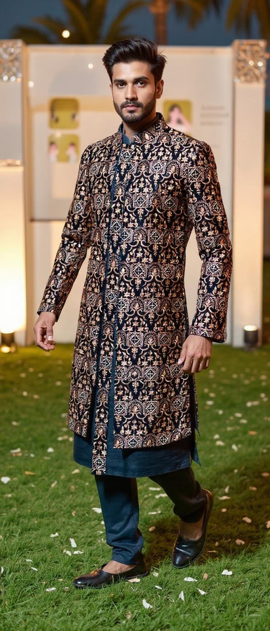 Men's Navy & Gold Embroidered Shrug Indoweston
