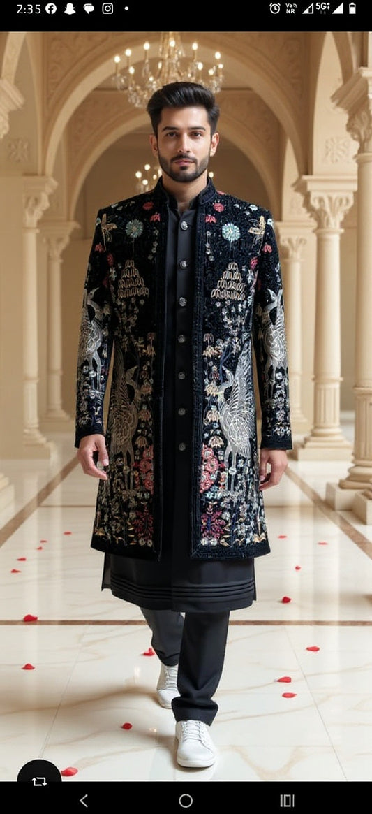 Men's Black Velvet Embroidered Sherwani with Bird Motifs