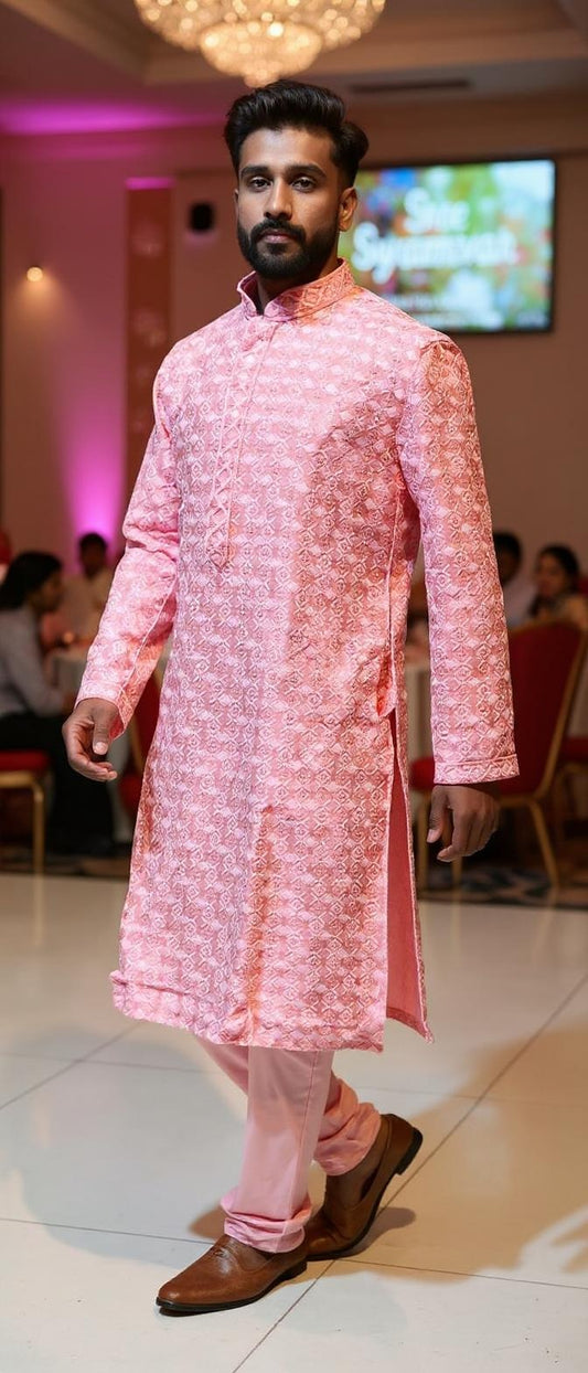 Men's Pink Embroidered Kurta Set | Festive & Party Wear