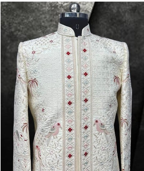 Men's Ivory Sherwani with Multi-Color Artistic Embroidery