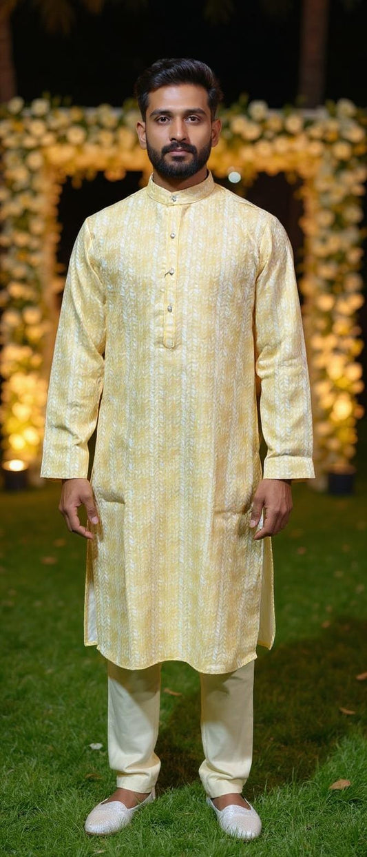 Sunshine Yellow Textured Kurta Pajama Set | Men's Modern Ethnic Wear