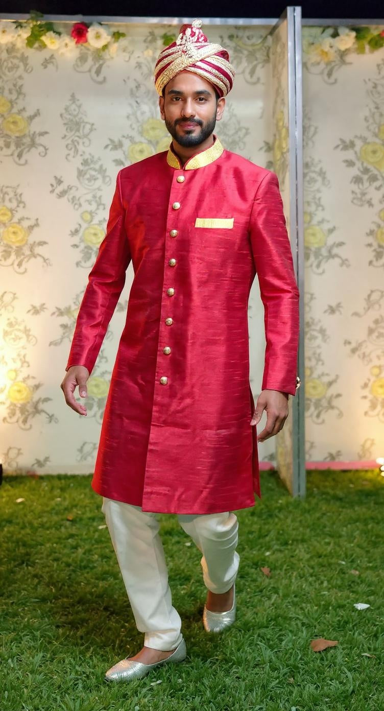 Men's Red Raw Silk Sherwani cum indoweston with Gold Accents