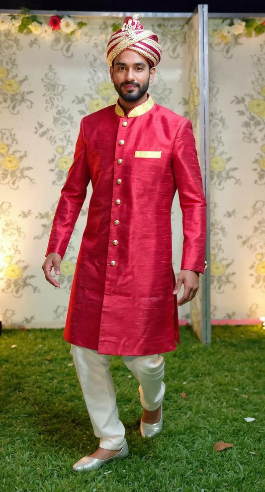 Men's Red Raw Silk Sherwani cum indoweston with Gold Accents