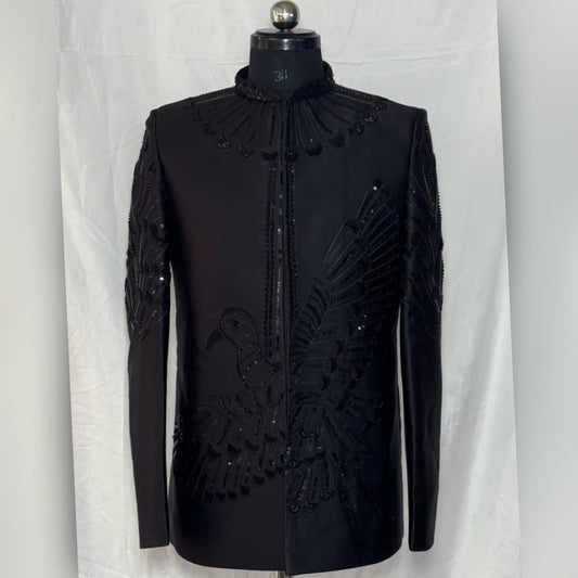 Men's Black Designer Jodhpuri Suit with Asymmetrical Embroidery