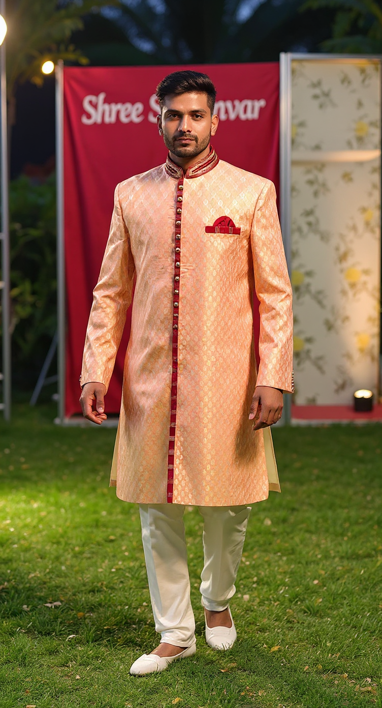 Men's Peach Sherwani with Maroon Velvet Accents | Wedding & Formal Wear