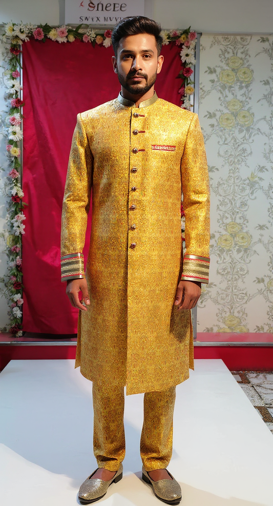 Men's Mustard Brocade Sherwani with Contrasting Trim
