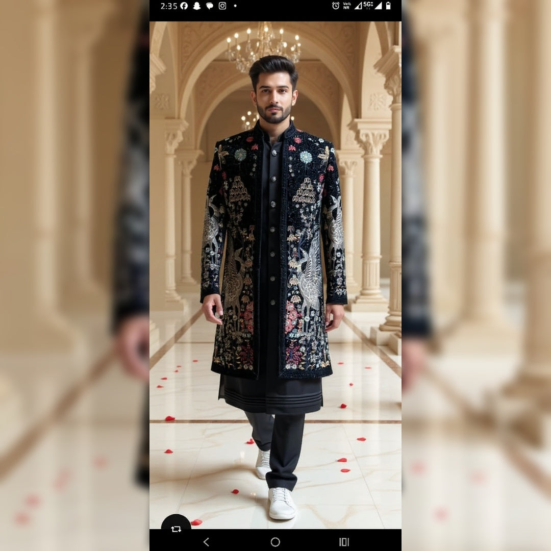 Men's Black Velvet Embroidered Sherwani with Bird Motifs
