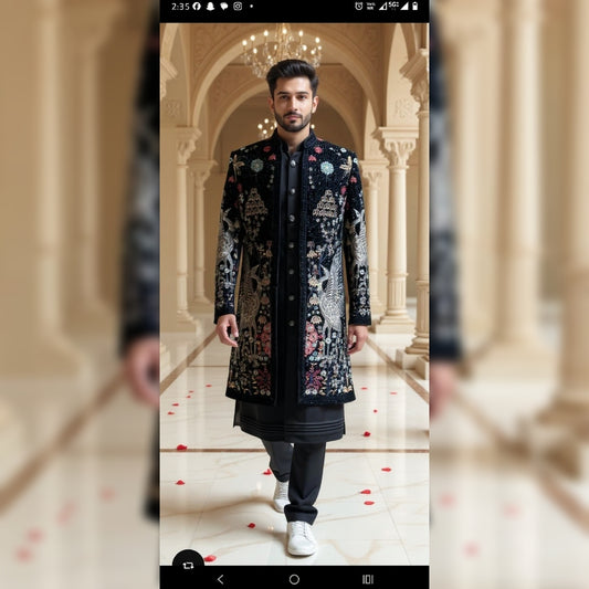 Men's Black Velvet Embroidered Sherwani with Bird Motifs