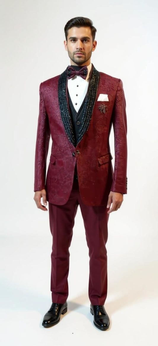 Men's Maroon Brocade Suit with Black Sequin Lapels