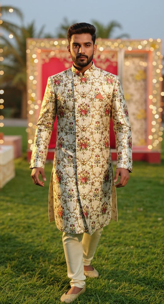 Ivory Floral  Indo-Western Sherwani for Men | Groom's Wedding Attire