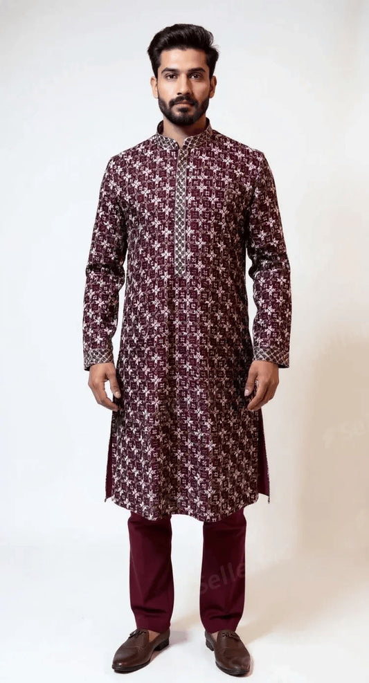Men's Maroon Geometric self employed Kurta