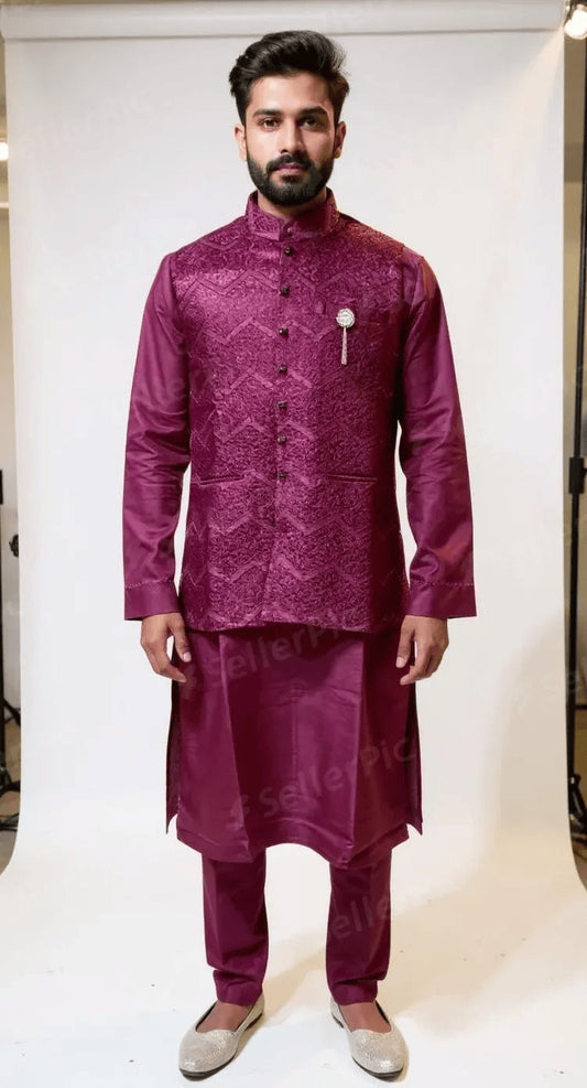 Men's Maroon Jacquard Waistcoat and Kurta Set
Description: