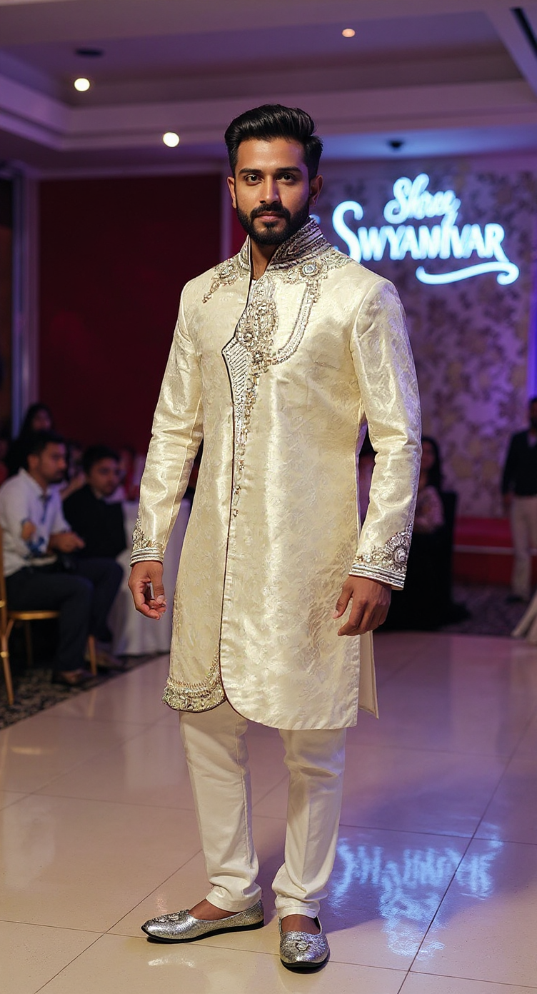 Men's Ivory Silk Jacquard Sherwani with Hand Embroidery