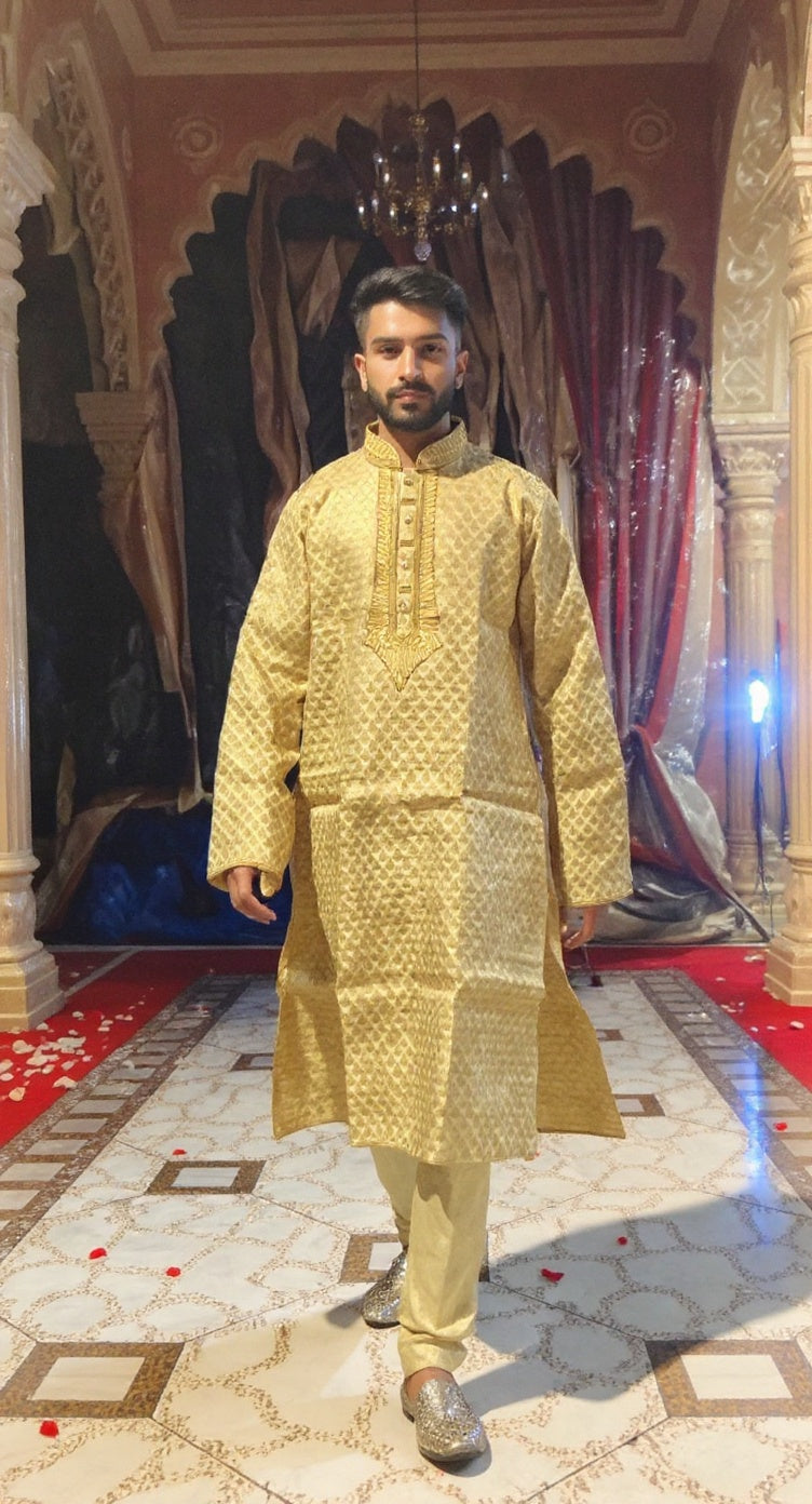 Men's Gold Brocade Kurta with Heavy Ornate Embroidery