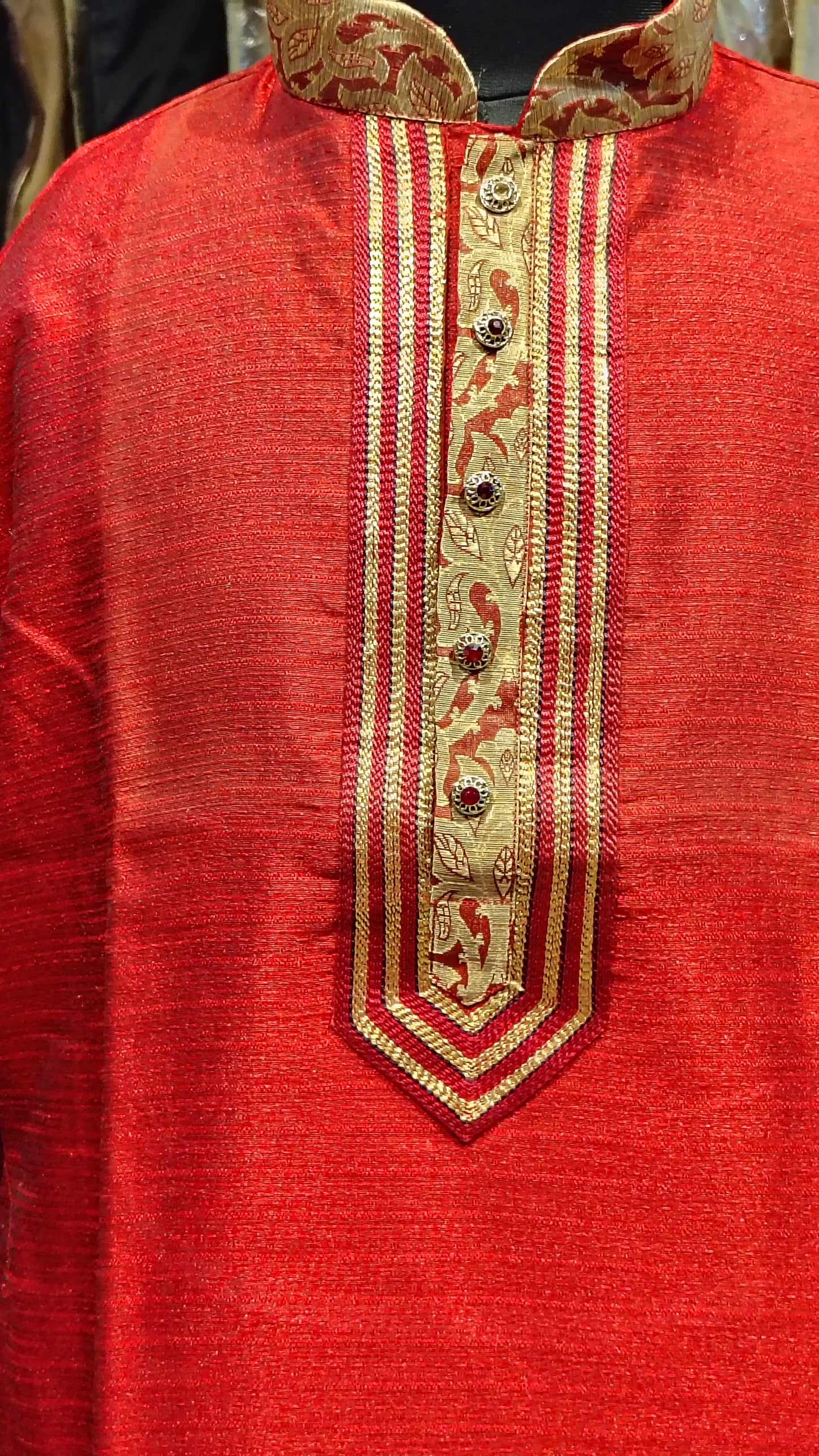 Men's Red Raw Silk Kurta Set with Gold Embroidery