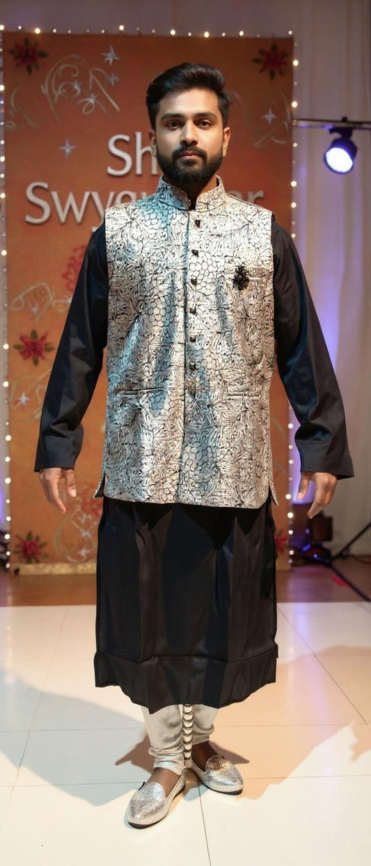 Men's Black Kurta with Silver Cutdana Velvet Koti