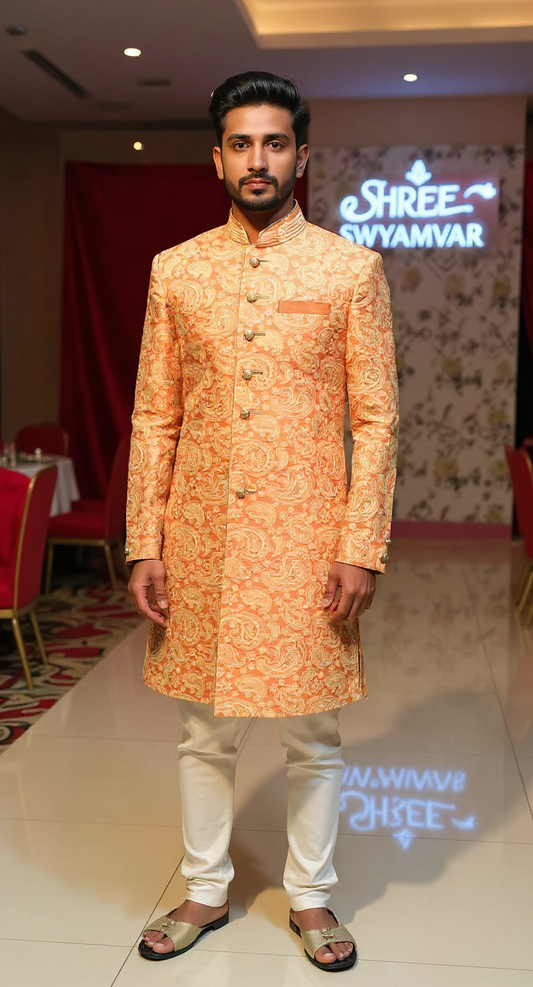 Peach  Silk indoweston with self embroidery all over for Men