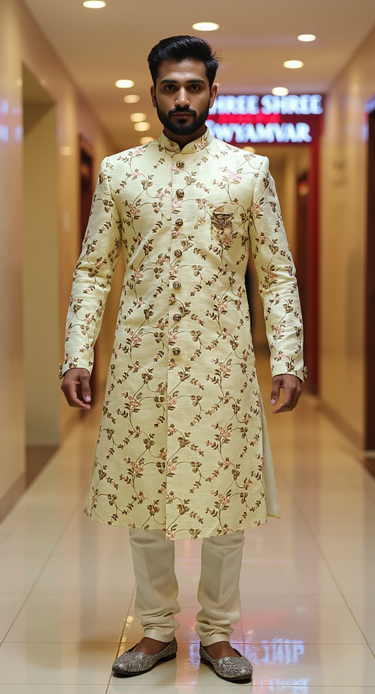 Cream Floral Embroidered Indo-Western Sherwani for Men