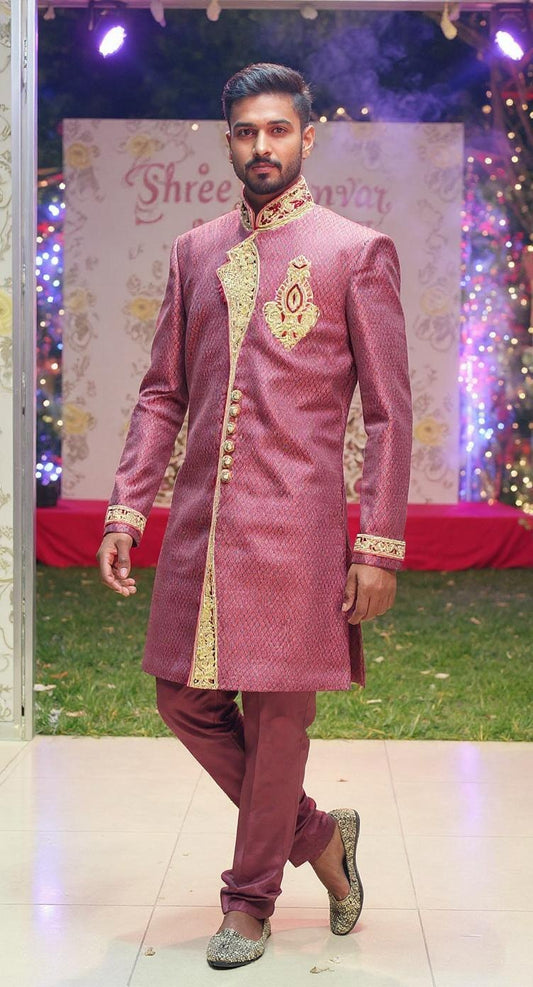 Men's Wine Brocade Sherwani with Gold Embroidery