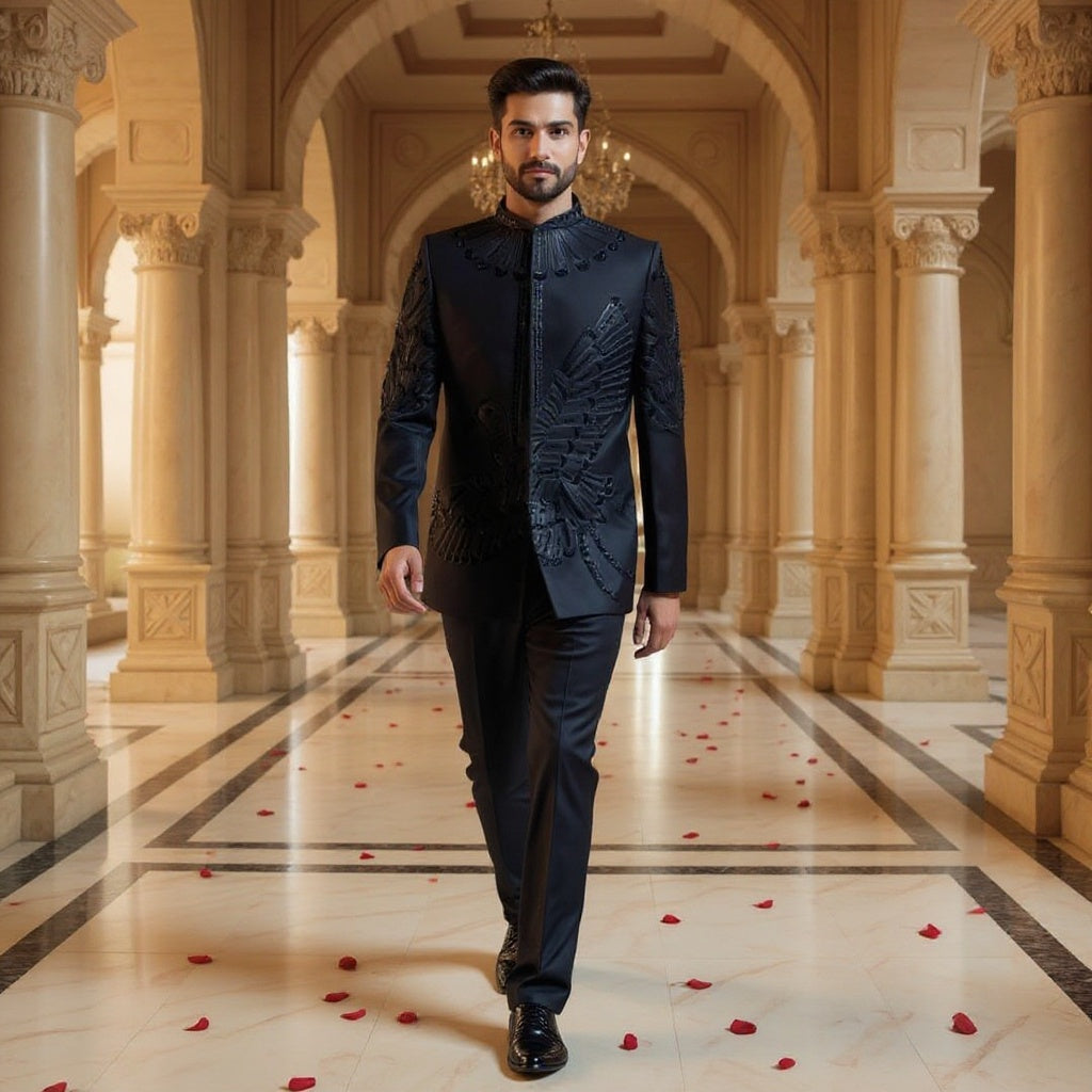 Men's Black Designer Jodhpuri Suit with Asymmetrical Embroidery
