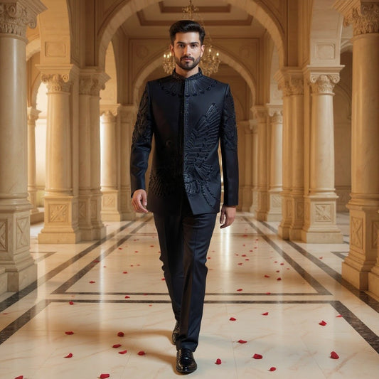 Men's Black Designer Jodhpuri Suit with Asymmetrical Embroidery