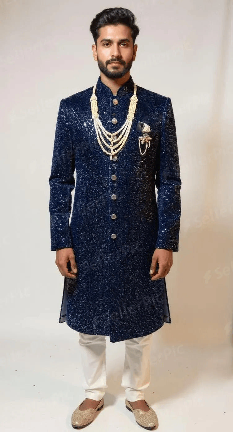 Men's Midnight Blue Velvet Sherwani with Cutdana Embroidery