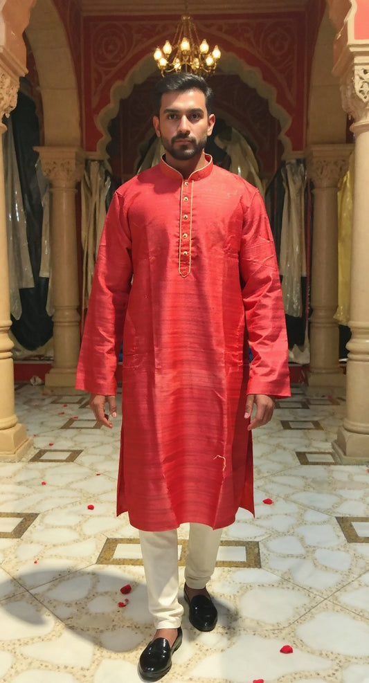Men's Red Textured silk Kurta with Gold Buttons