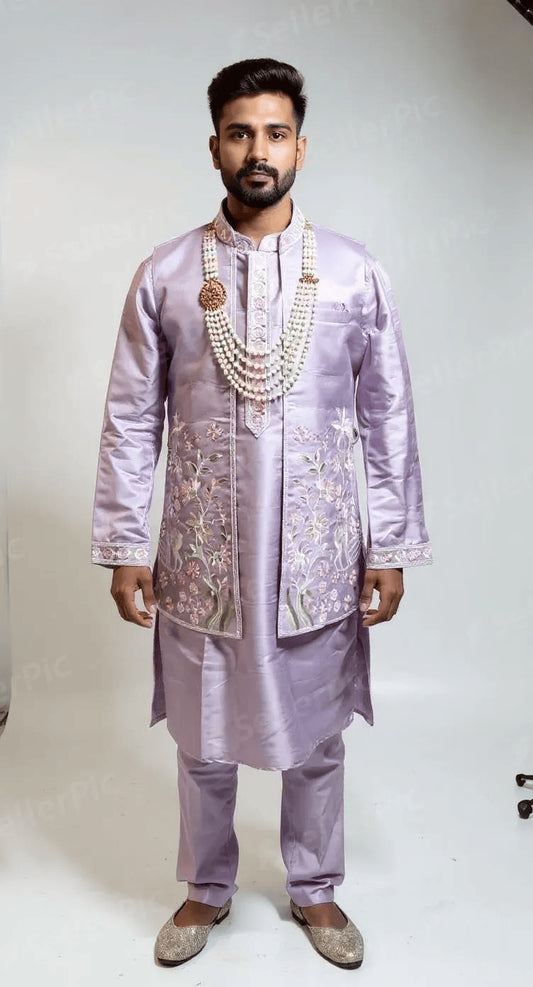 Men's Lilac Embroidered Silk Kurta with Pearl Necklace Set