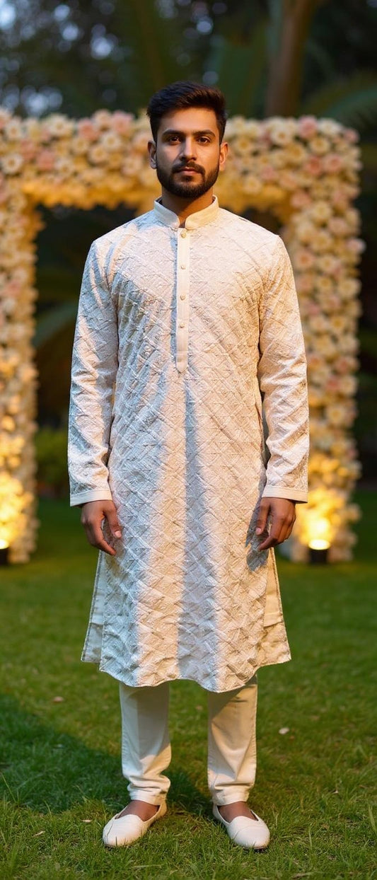 Men's Ivory Kurta Set with Tonal Geometric Embroidery