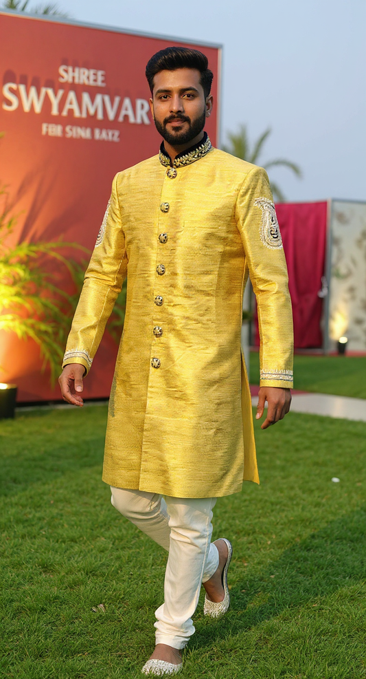 Men's Mustard Yellow Raw Silk Sherwani with Embroidered Collar and hand