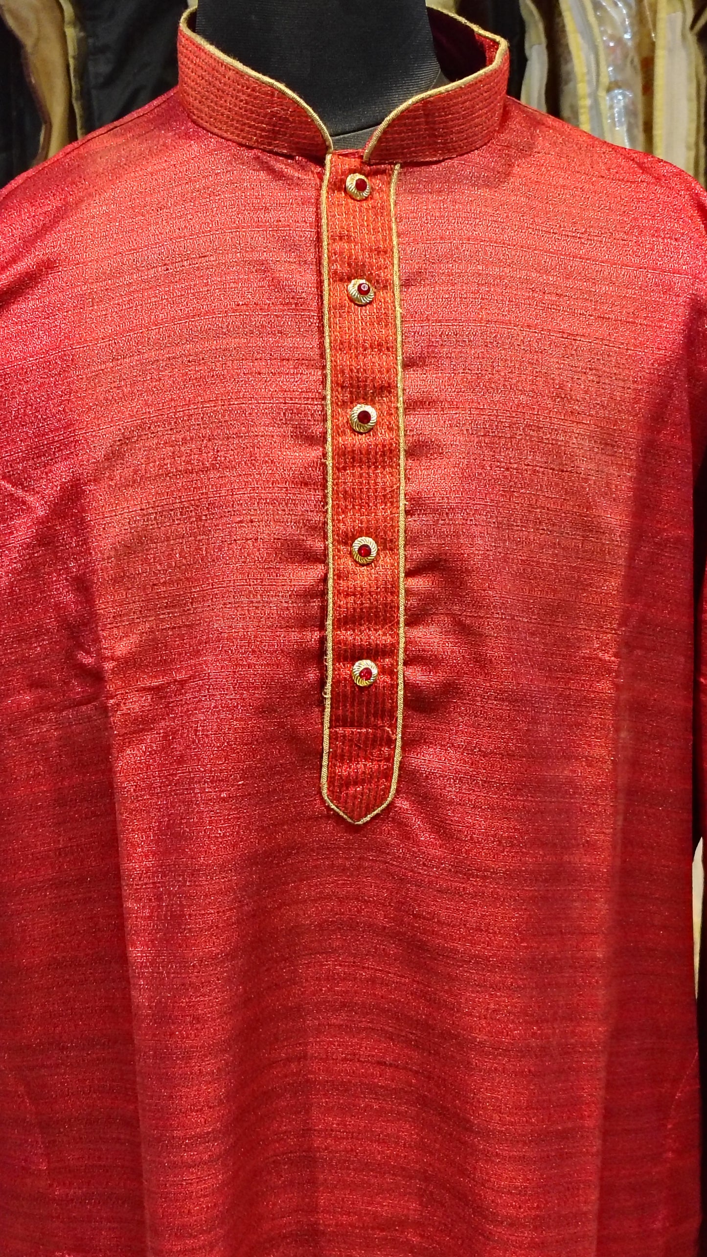 Men's Red Textured silk Kurta with Gold Buttons