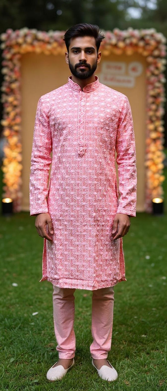 Men's Designer Pink Embroidered Kurta Set | Lucknowi Style for Modern Celebrations