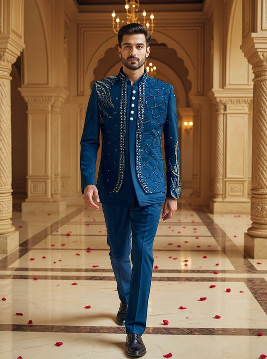 Men's Navy Blue Asymmetrical Embroidered shrug Jodhpuri Suit