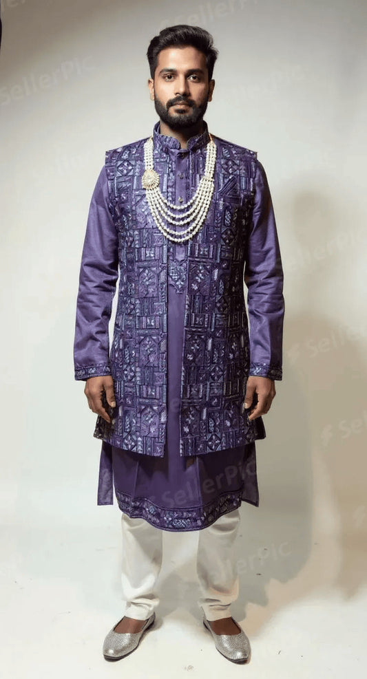 Men's Deep Purple Jacquard Brocade Kurta with Layered Waistcoat and Pearl Necklace