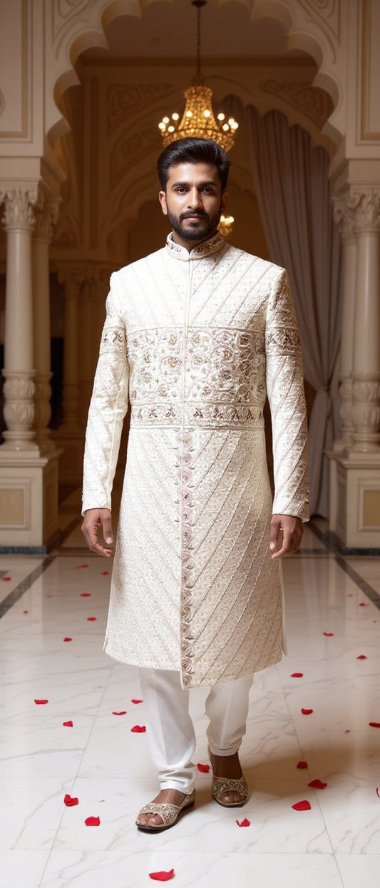 Men's Ivory Sherwani with Pure Handwork & Multi-Panel Design